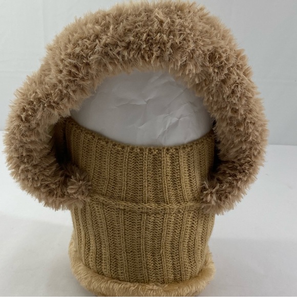 Cozy Women’s One Piece Scarf & Mask Tan Knit Pom-Pom Hat - Picture 4 of 14